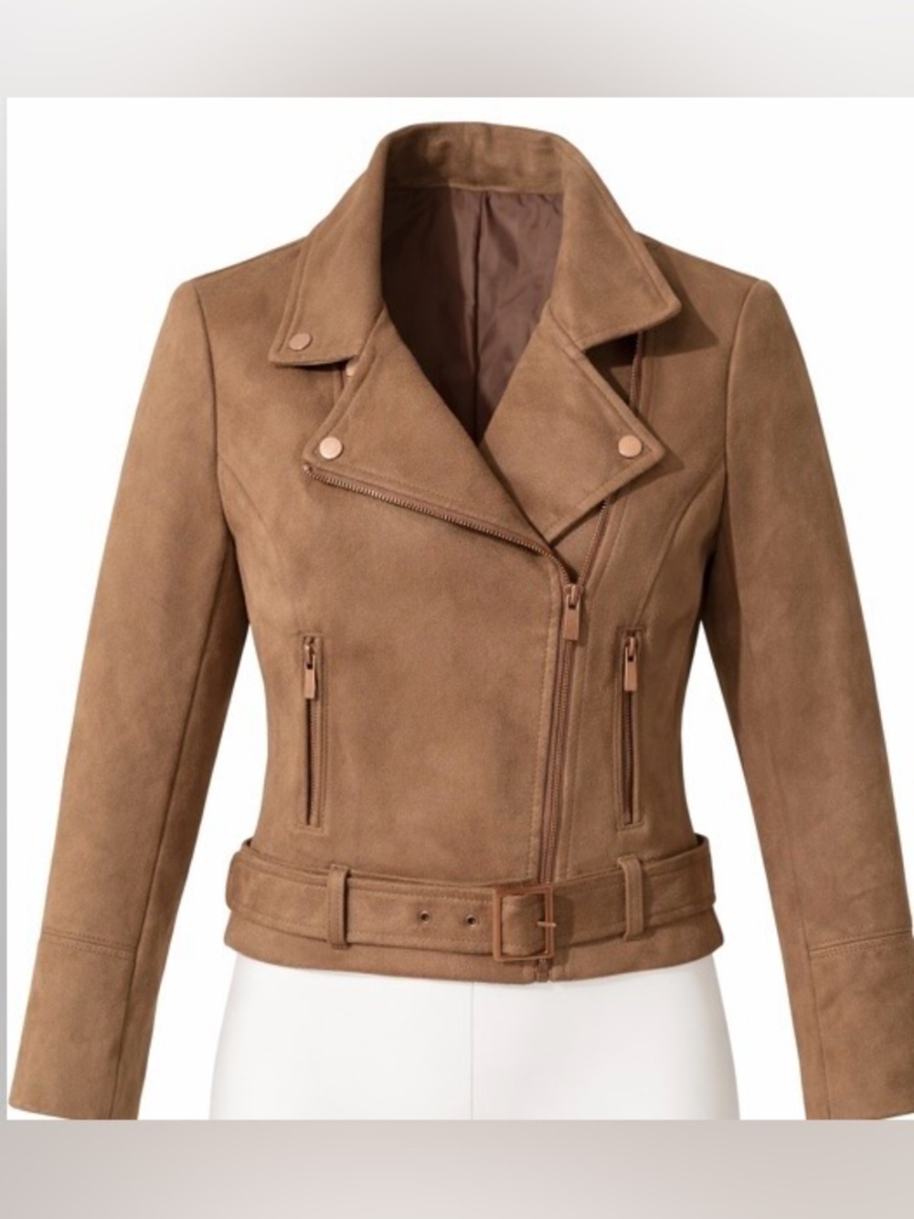 LC Lauren Conrad Runway Moto Jacket Tan Faux Suede Cropped Belted Biker Coat